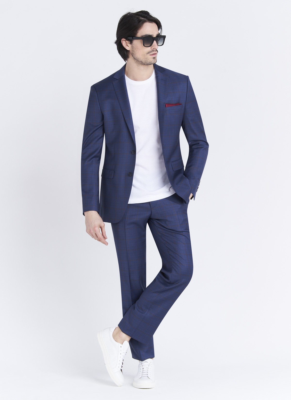 Costume Slim fit Lanificio F.LLI Cerruti DAL 1881_Bleu denim à carreaux bordeau_84 - Bleu denim