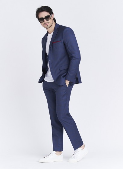 Costume Slim fit Lanificio F.LLI Cerruti DAL 1881_Bleu denim à carreaux bordeau_84 - Bleu denim
