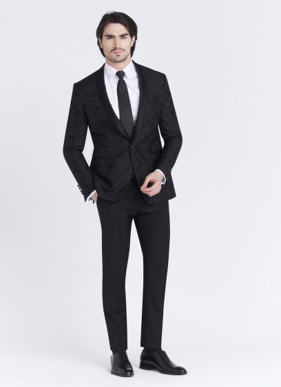 Smoking slim fit col châle Emmanuelle Khanh _ noir à motif jacquard fleuris ton sur ton _ 01 - Noir