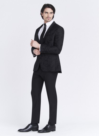 Smoking slim fit col châle Emmanuelle Khanh _ noir à motif jacquard fleuris ton sur ton _ 01 - Noir