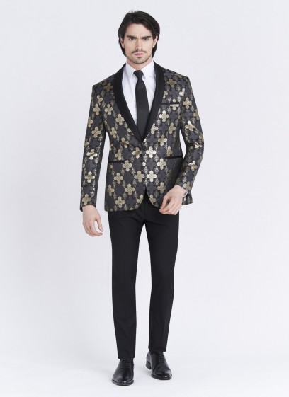 Veste de smoking Slim fit Emmanuelle Khanh _ Noir au motif jacquard argenté et doré _ 01 - Noir
