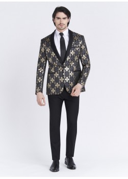 Veste de smoking Slim fit Emmanuelle Khanh _ Noir au motif jacquard argenté et doré _ 01 - Noir