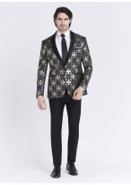 Veste de smoking Slim fit Emmanuelle Khanh _ Noir au motif jacquard argenté et doré _ 01 - Noir
