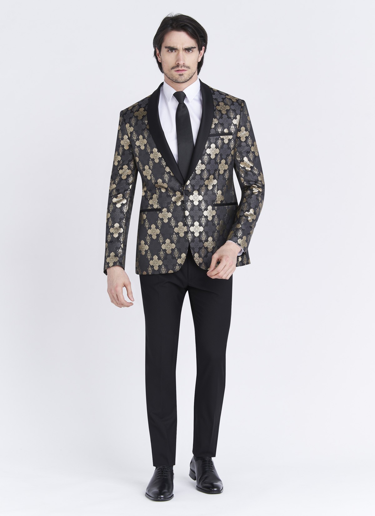Veste de smoking Slim fit Emmanuelle Khanh _ Noir au motif jacquard argenté et doré _ 01 - Noir
