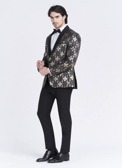 Veste de smoking Slim fit Emmanuelle Khanh _ Noir au motif jacquard argenté et doré _ 01 - Noir
