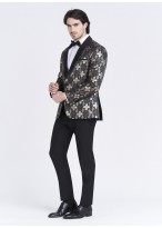 Veste de smoking Slim fit Emmanuelle Khanh _ Noir au motif jacquard argenté et doré _ 01 - Noir