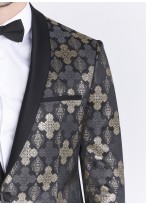 Veste de smoking Slim fit Emmanuelle Khanh _ Noir au motif jacquard argenté et doré _ 01 - Noir