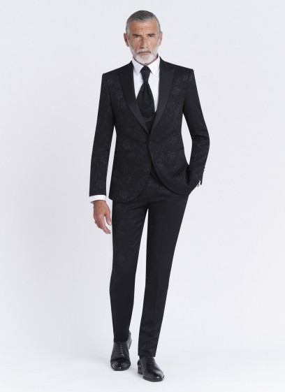 Smoking slim fit col pointe Sevenson _ noir à motif jacquard fleuris ton sur ton _ 01 - Noir