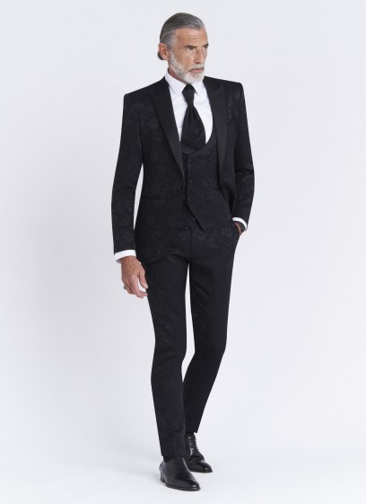 Smoking slim fit col pointe Sevenson _ noir à motif jacquard fleuris ton sur ton _ 01 - Noir