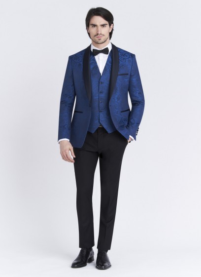 Smoking slim fit col châle Emmanuelle Khanh _ Bleu à motif jacquard ton sur ton _ 84 - Bleu denim