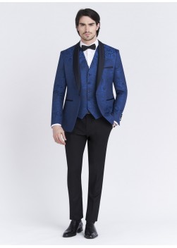 Smoking slim fit col châle Emmanuelle Khanh _ Bleu à motif jacquard ton sur ton _ 84 - Bleu denim