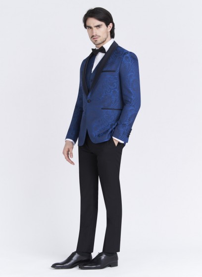 Smoking slim fit col châle Emmanuelle Khanh _ Bleu à motif jacquard ton sur ton _ 84 - Bleu denim