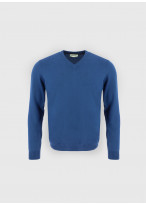 Pull col V en coton Charles Le Golf _ Bleu denim uni _ 84 - Bleu denim