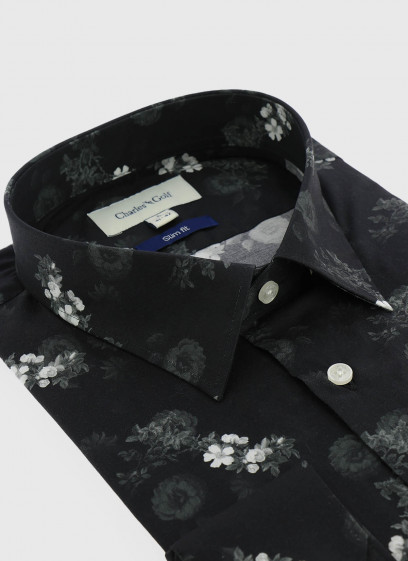 Chemise slim fit à motifs Charles Le Golf _ Noir à fleurs _ 01 - Noir