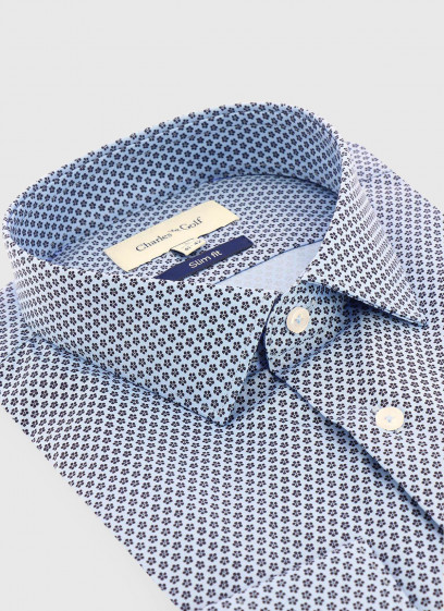 Chemise slim fit à motif fleuri Charles Le Golf _ Bleu ardoise à fleurs _ 81 - Bleu ciel