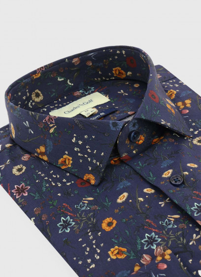 Chemise slim fit à motif fleuri Charles Le Golf _ Bleu marine à fleurs _ 88 - Bleu marine