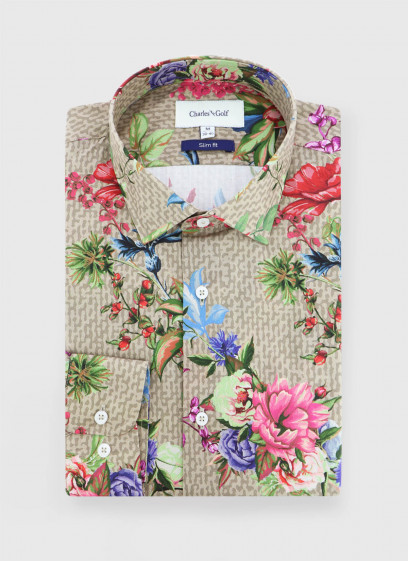 Chemise slim fit à motif fleuri Charles Le Golf _ Sable à fleurs _ 31 - Sable