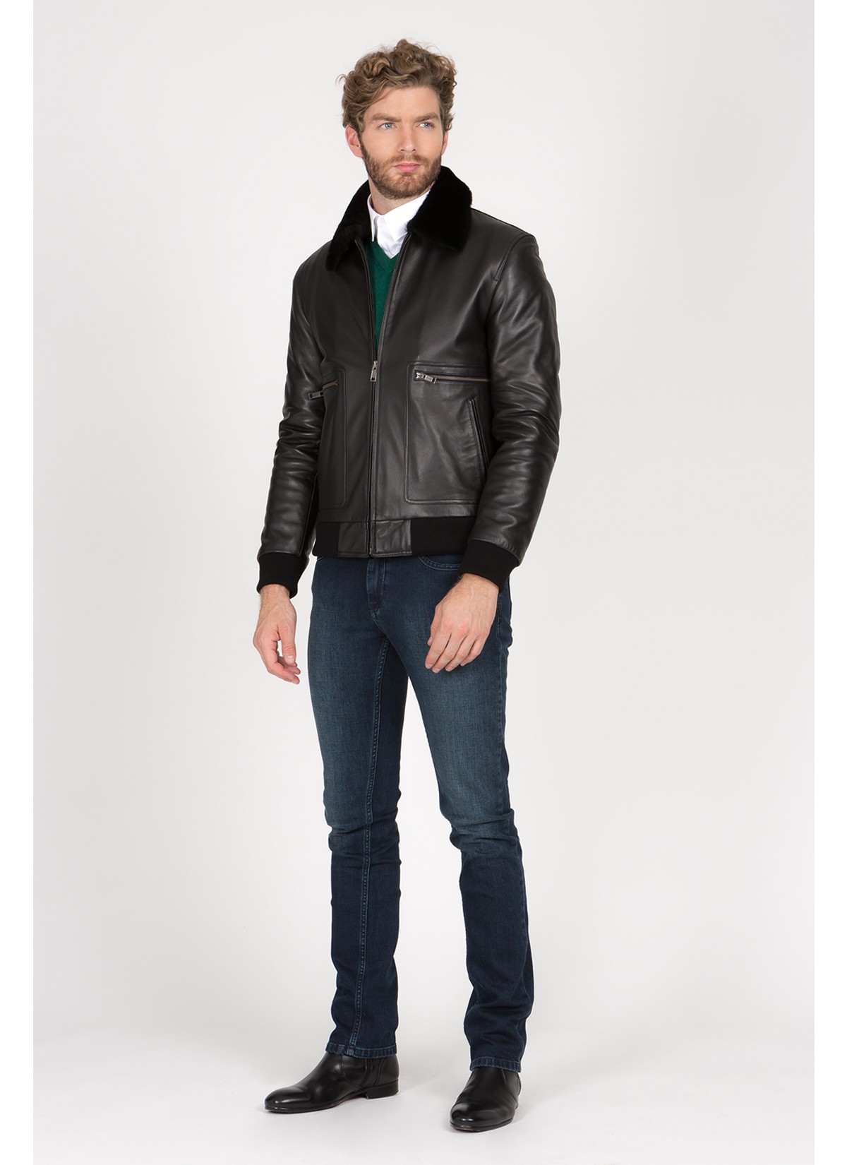Veste aviateur en cuir Emmanuelle khanh-Noir