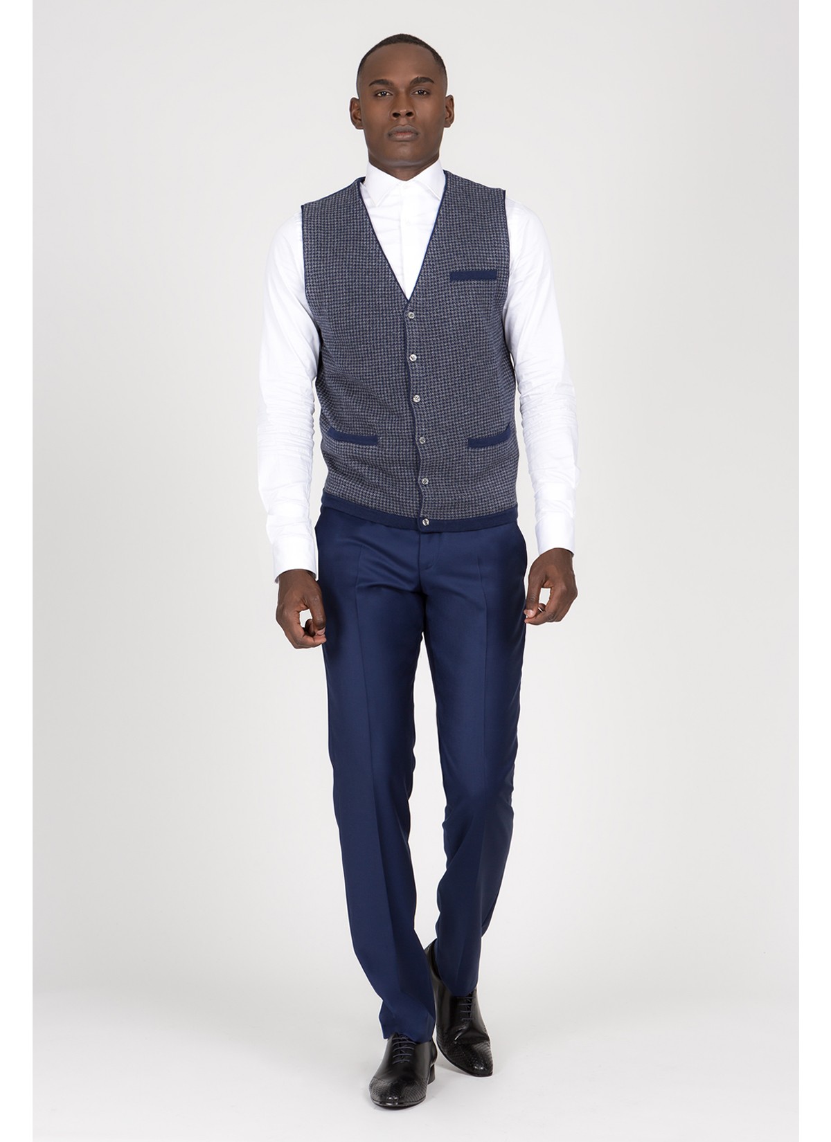 Gilet en laine et cashmere Emmanuelle Khanh -Bleu pied de poule - Maille