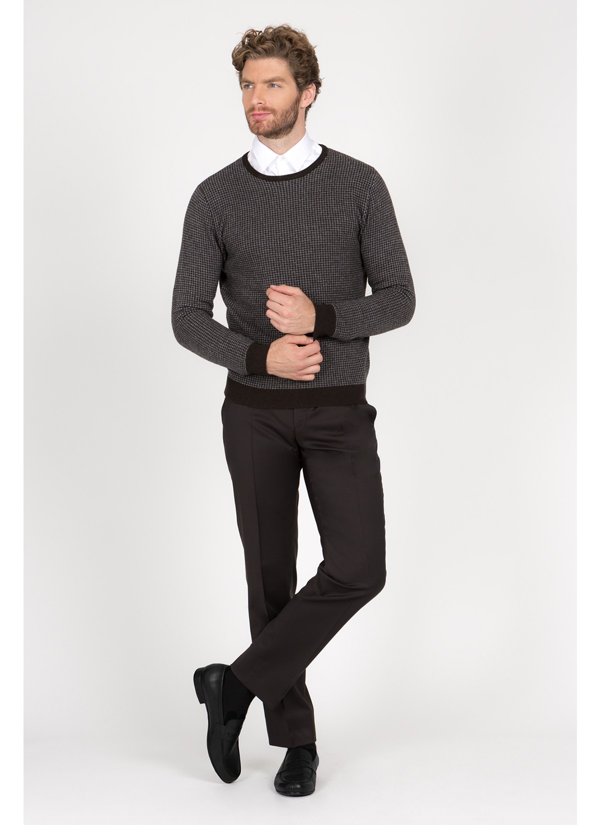 Pull col rond laine et cashmere Emmanuelle Khanh-Marron pied de poule- Maille
