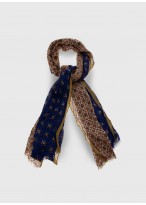 Chèche effet froissé à motif Emmanuelle Khanh-Motif fantaisie bleu et ocre