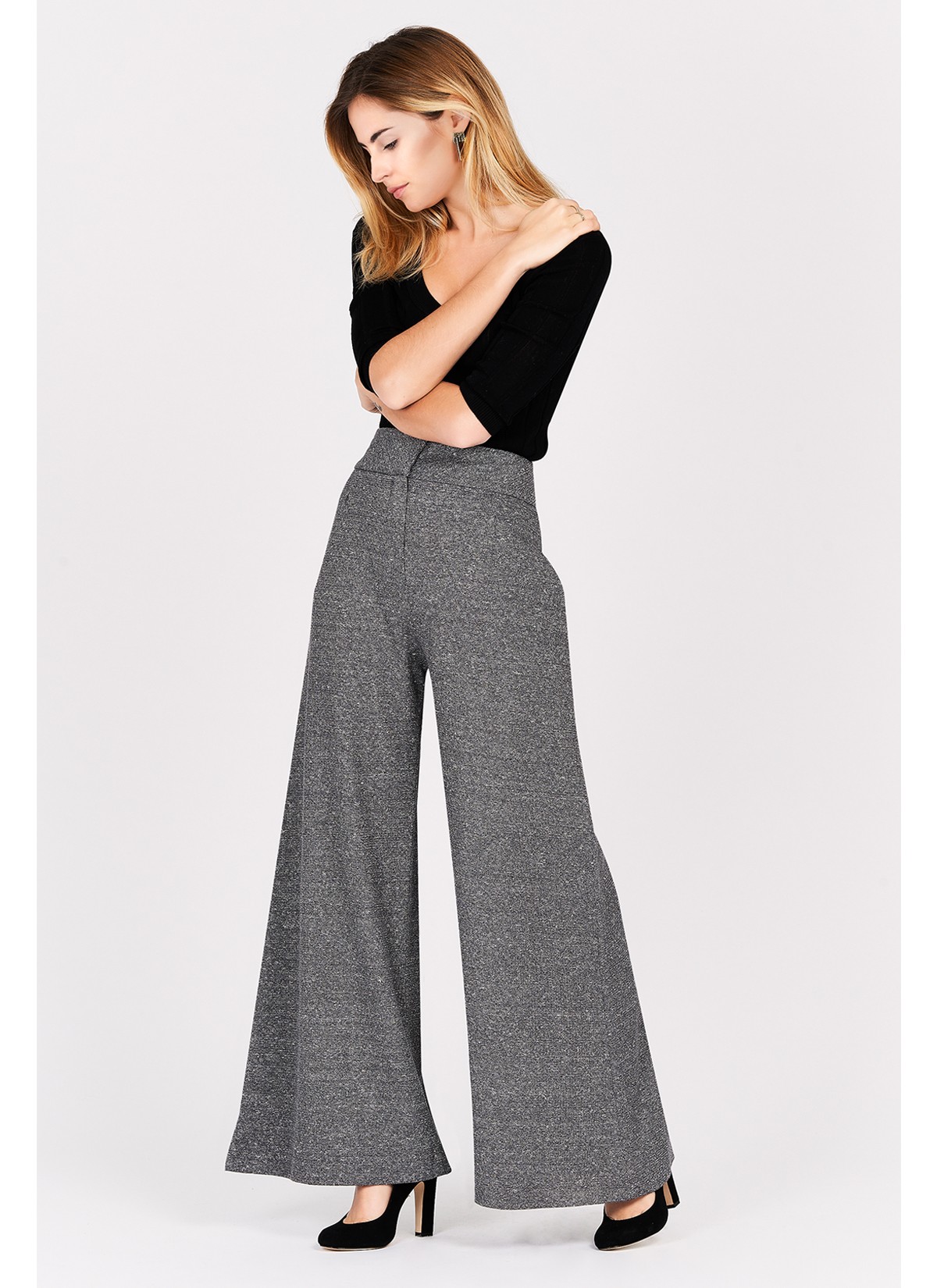 Pantalon large taille haute Emmanuelle khanh-Gris chiné - 6277-30