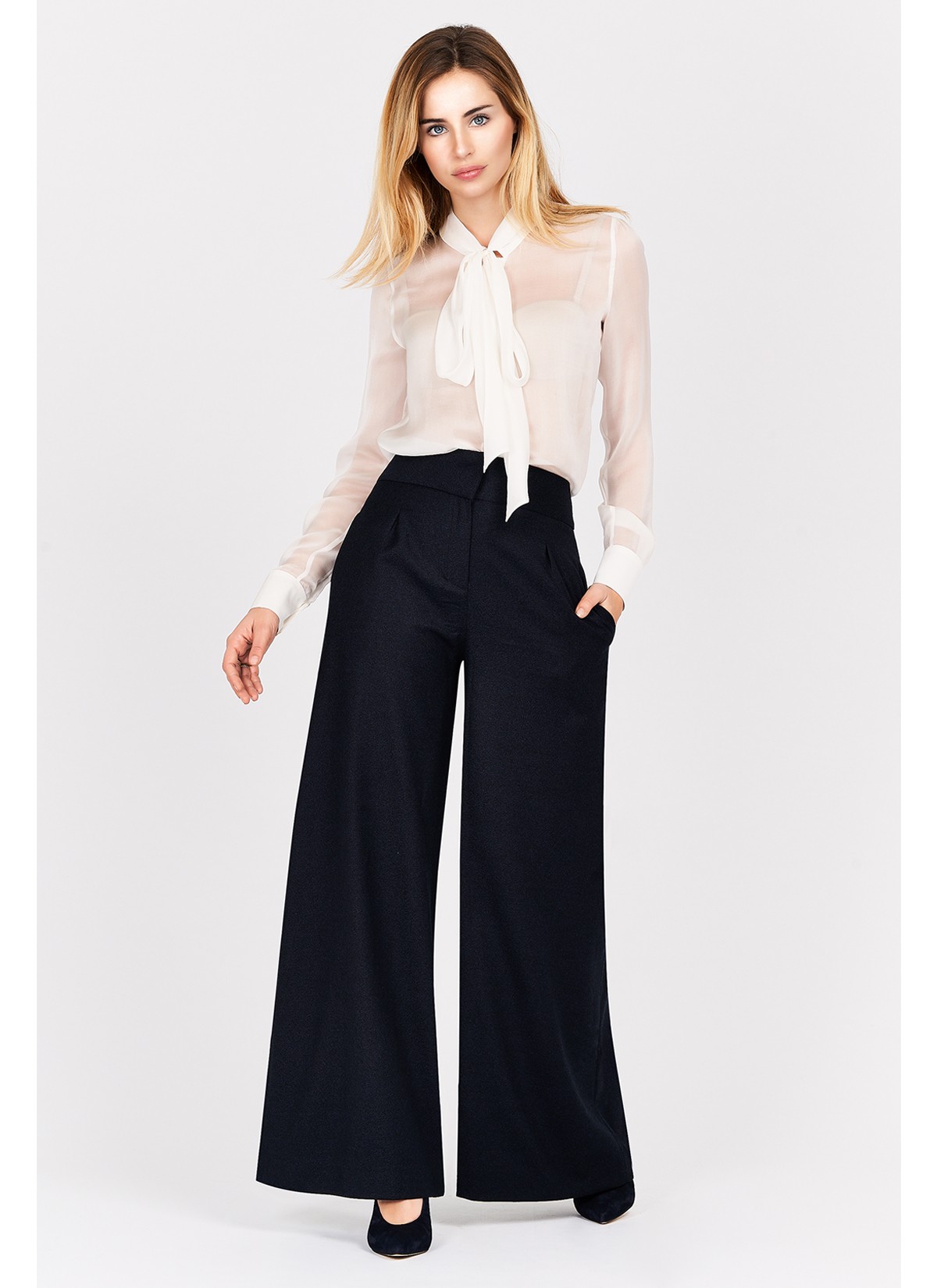 Pantalon large taille haute Emmanuelle khanh-Bleu nuit - 1054-9