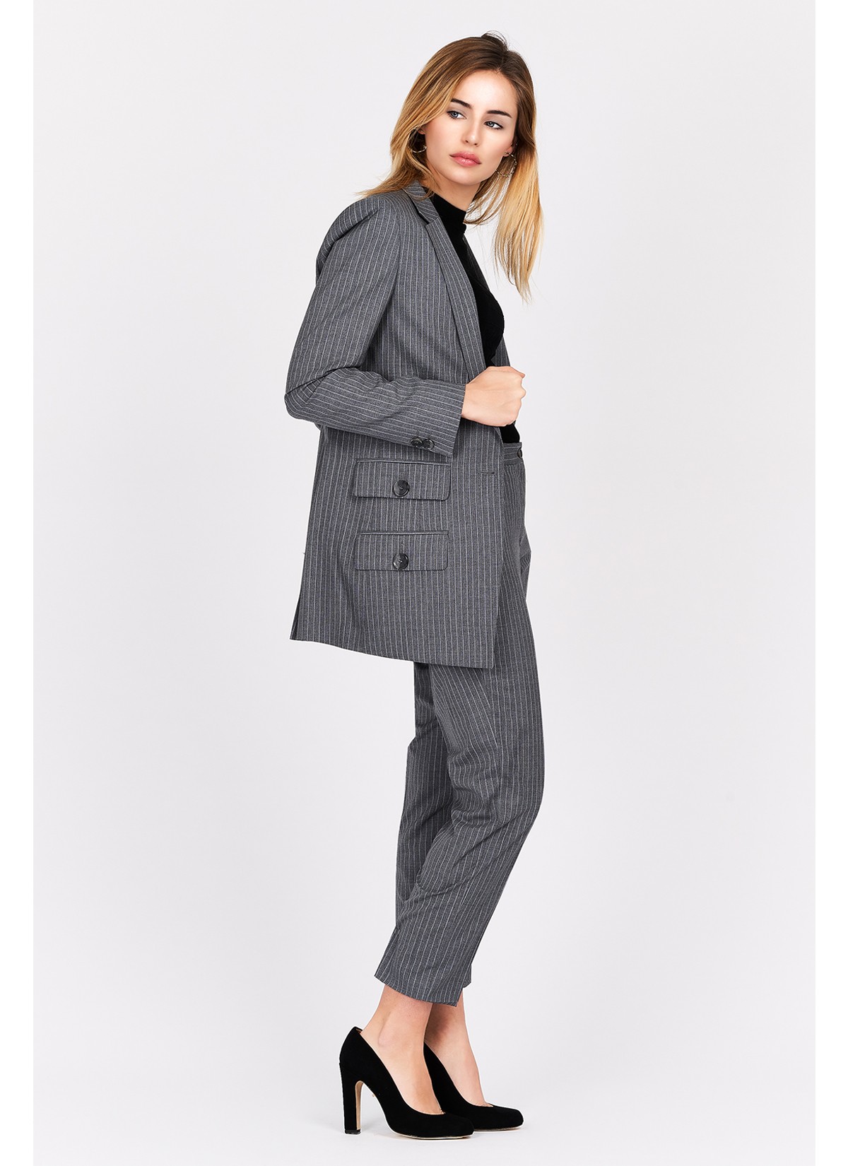 Veste tailleur semi-slim fit Emmanuelle Khanh-Gris à rayures - 1300R-446