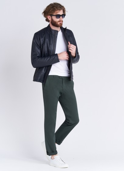 Blouson motard en cuir Emmanuelle Khanh 88 - Bleu marine