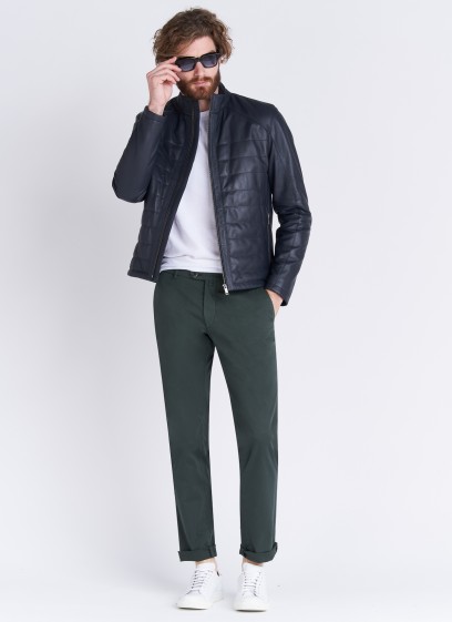 Blouson motard en cuir Emmanuelle Khanh 88 - Bleu marine