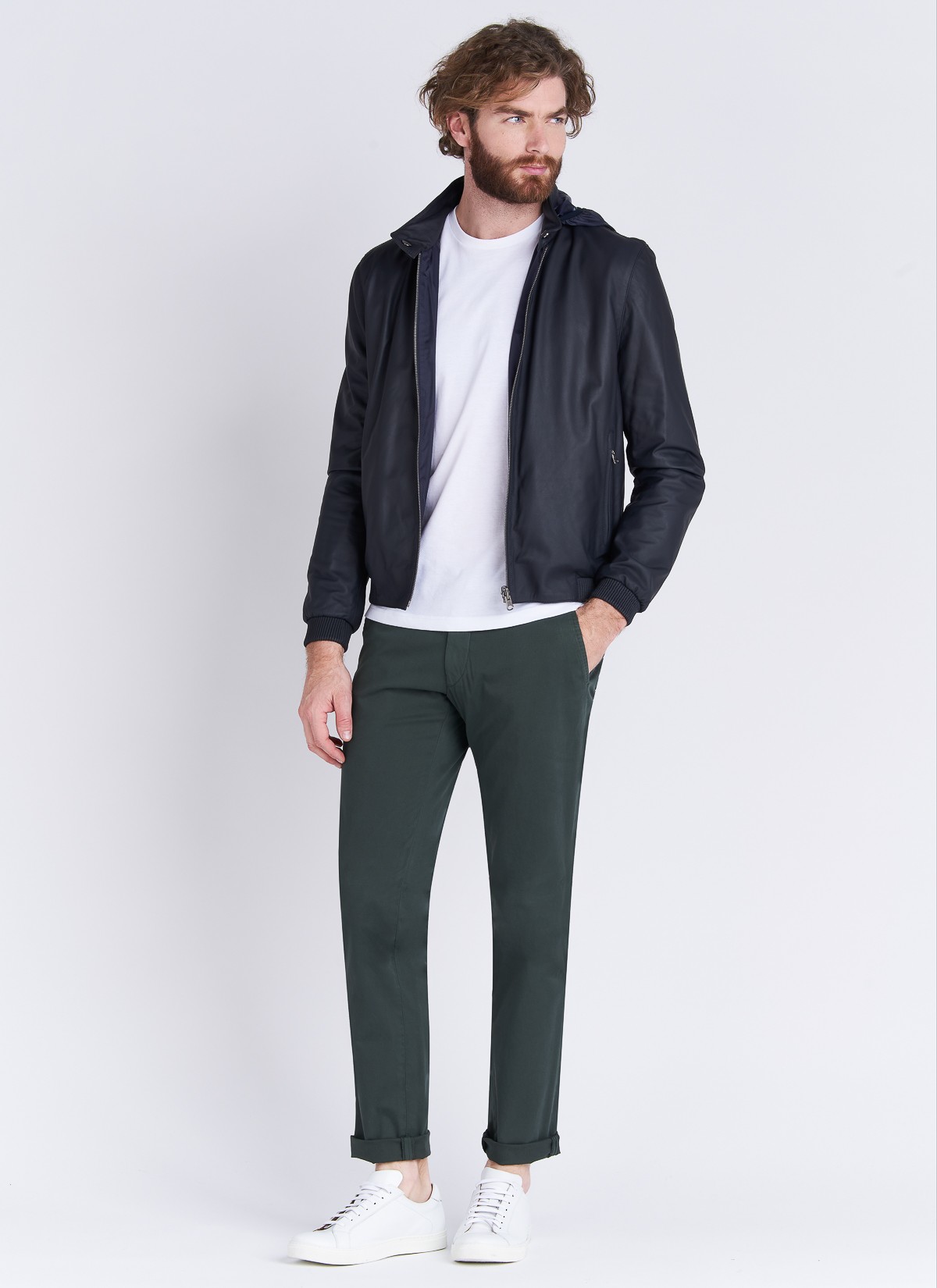 Blouson à capuche en cuir Emmanuelle Khanh 88 - Bleu marine