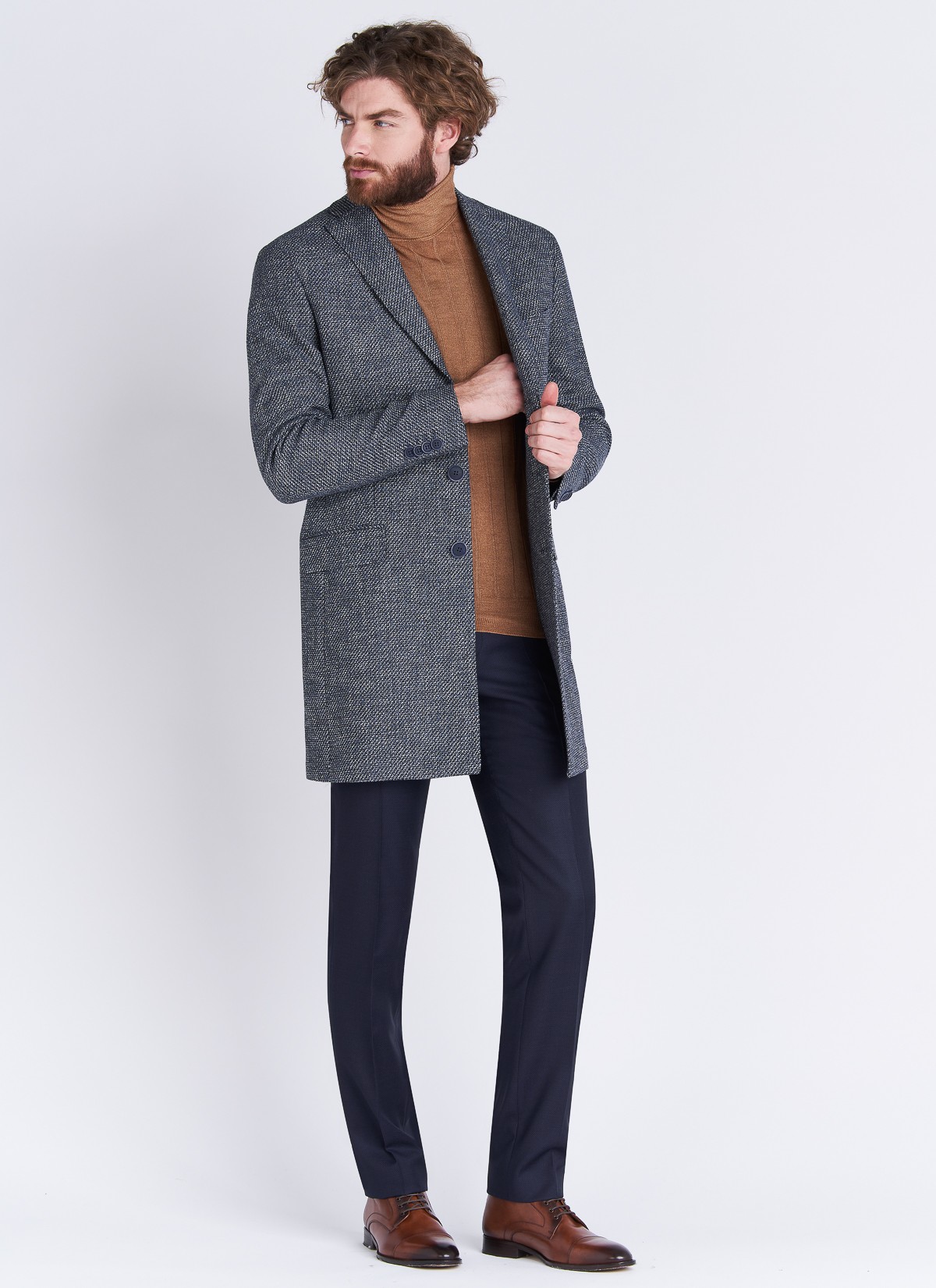 Manteau col pointe texturé Emmanuelle Khanh 86 - Bleu ardoise
