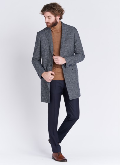 Manteau col pointe texturé Emmanuelle Khanh 86 - Bleu ardoise